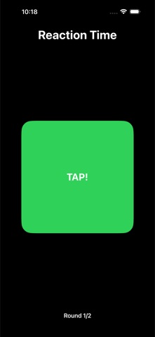 BuzzBuddy reaction-time mini-game showing a green "TAP!" prompt