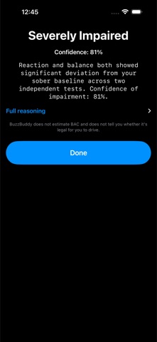 BuzzBuddy verdict screen reading "Severely Impaired" with 81% confidence, a plain-language summary, and a disclaimer that it does not estimate BAC or legal driving status